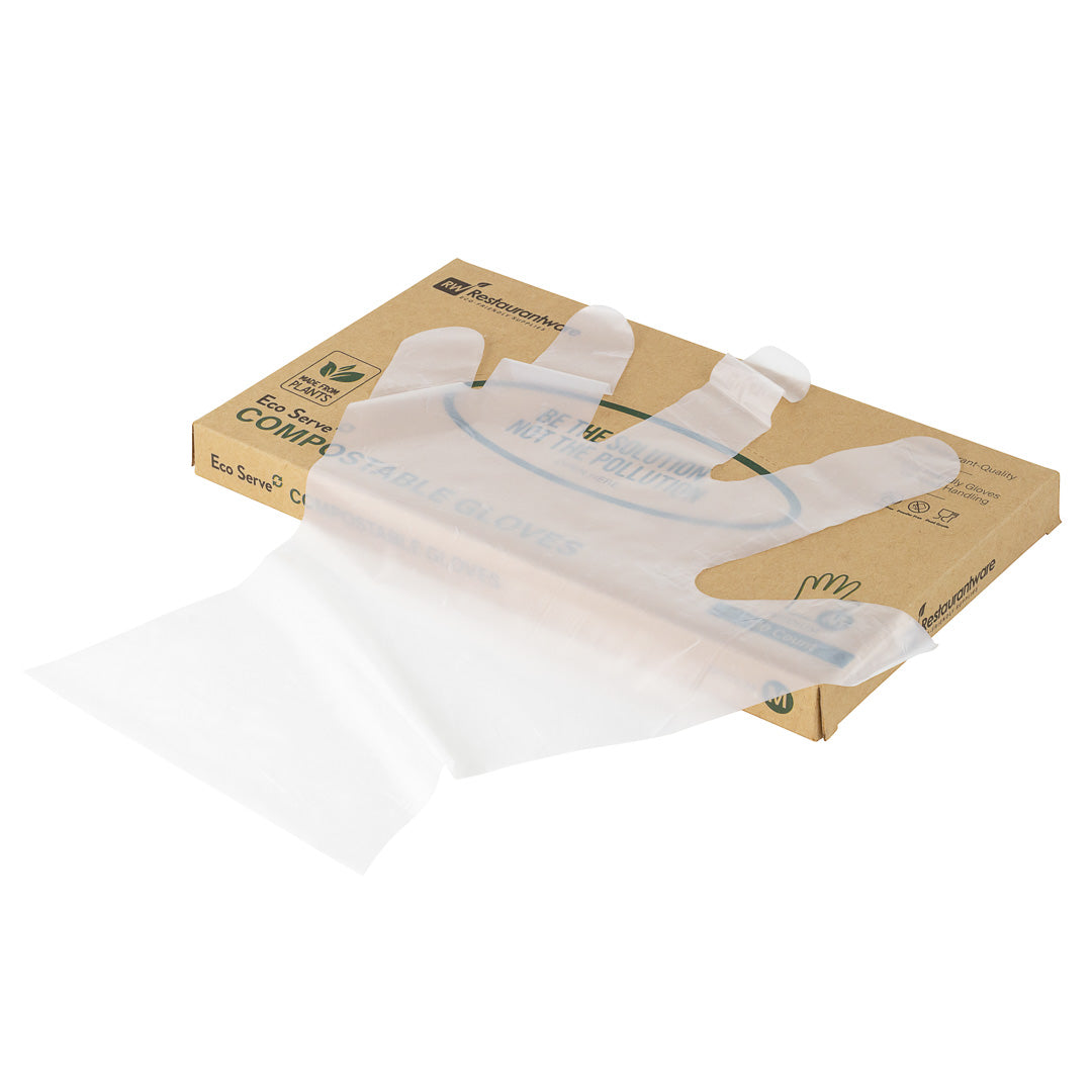 Eco Serve Clear Plastic Medium Compostable Gloves - Powder-Free - 11" x 9" - 100 count box